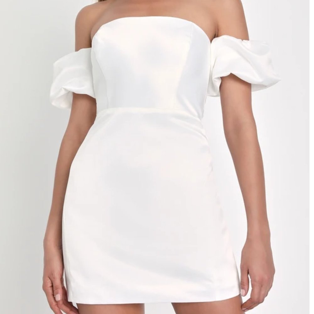 Lulu's Significant Sensation White Satin Off-the-Shoulder Mini Dress - Large